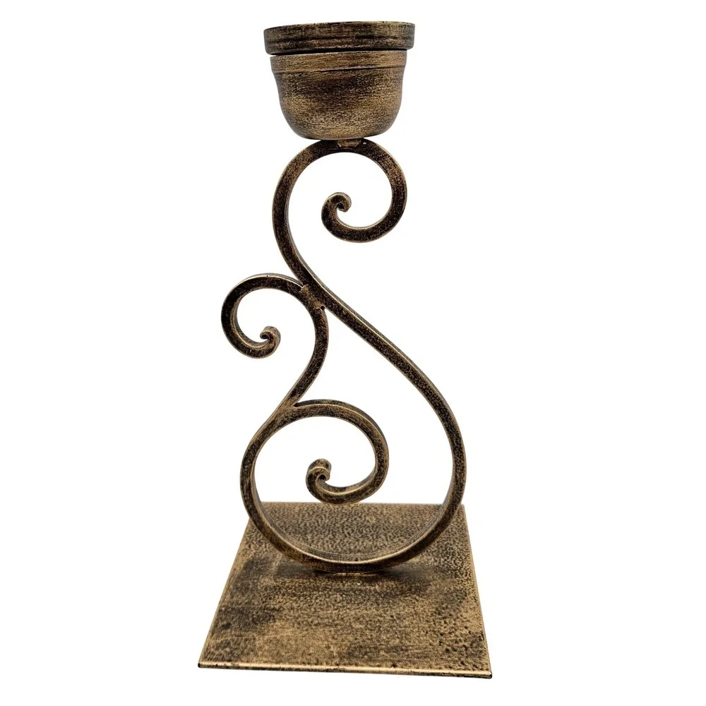 Vintage Style Bronze Metal Scrollwork Pillar Candle Holder 9.5 Inch Centerpiece